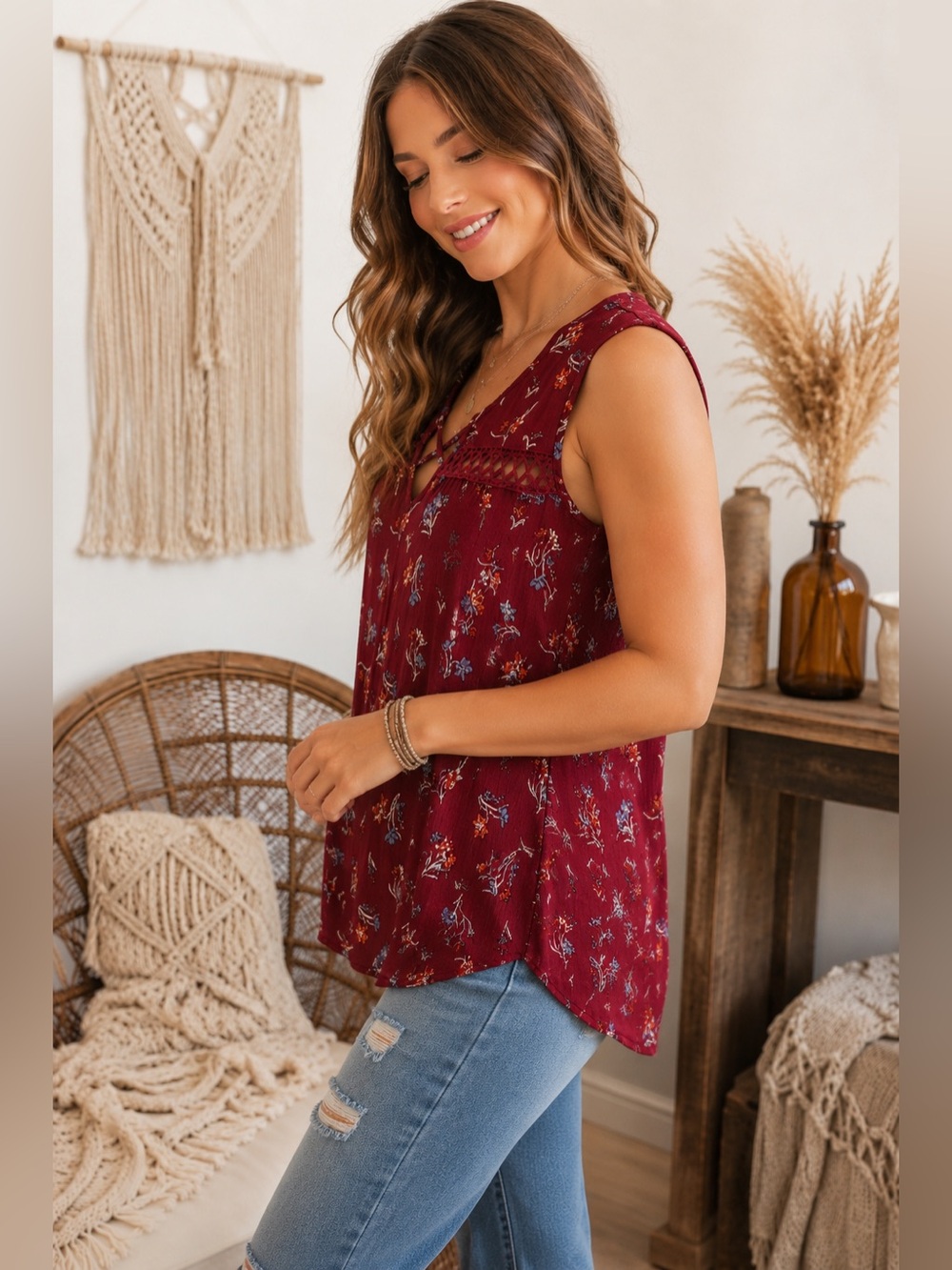 Daytrip Burgundy Floral Crisscross Crochet Lace Sleeveless Boho Top - Picture 3 of 7